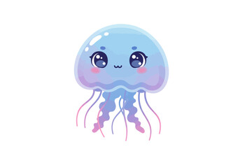 Cute jellyfish cartoon with big eyes and a small mouth blue and pink hues