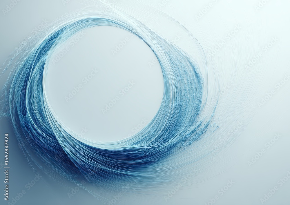 Poster abstract swirling blue lines forming a circular frame on a light gray background