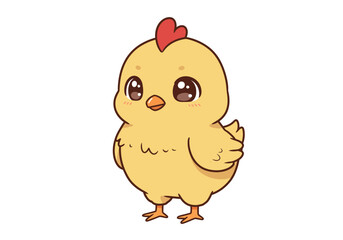 Cute yellow chick with big eyes and a red comb on its head