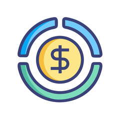 Circular financial diagram with dollar coin on black background