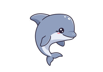 Gray cartoon dolphin with big eyes a small smile and a light gray belly