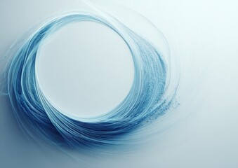 Abstract swirling blue lines forming a circular frame on a light gray background