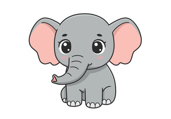 Gray cartoon elephant with large pink ears trunk curled sitting