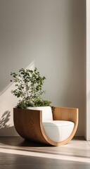 Modern, minimalist armchair with a built-in planter showcasing a small potted plant, bathed in sunlight against a neutral wall