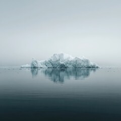 A solitary iceberg, pale blue and white, floats serenely in calm, misty water, its reflection mirroring its form perfectly in the still surface