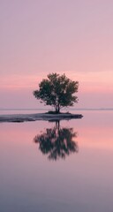 Solitary tree on a small island at dawn, perfectly reflected in calm, pastel-hued water