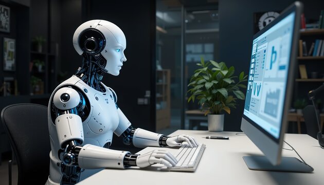 A humanoid robot AI agent working together with a human at a computer keyboard symbolizing antigen autonomy and the future of work with an assistant copilot bot for automation of jobs, 32k resolution

