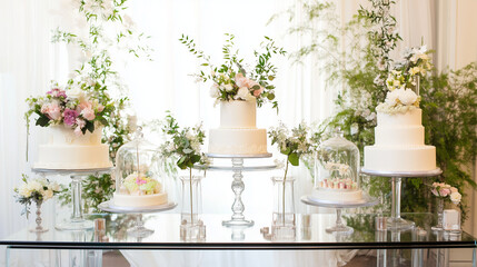 Fototapeta premium Elegant wedding cake adorned with floral decorations under soft overhead lighting.