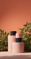 Pink and black cosmetic jars on peach background with greenery