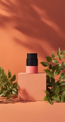 Coral-toned cosmetic container sits atop a square block, flanked by greenery, against a warm orange backdrop with leaf shadows