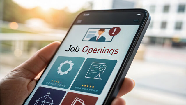 Job labor employment, unemployment. Job openings employment search on mobile phone, hand holding smartphone, digital recruitment . Hiring rate, economic growth, opening workforce market
