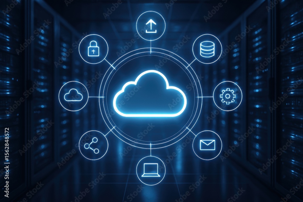 Poster cloud computing ecosystem: a futuristic digital environment showcasing the core elements of cloud co