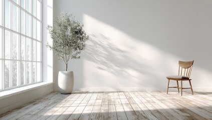 Minimalist room with large window, wooden chair, potted plant, and sunlight casting shadows on the wall and floor