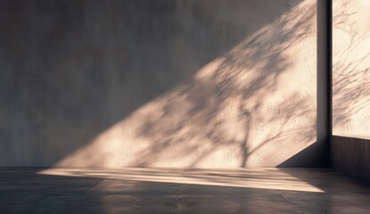 Sunlit minimalist interior with textured wall, showcasing a tree's shadow cast from an unseen window. The floor is a smooth, neutral tone