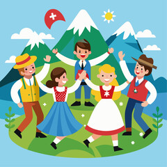 Children in traditional swiss attire performing a folk dance outdoors in a scenic setting