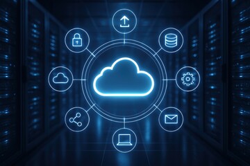 Cloud Computing Ecosystem: A futuristic digital environment showcasing the core elements of cloud computing.