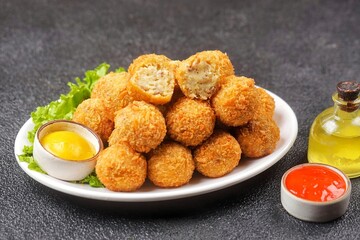 Bitterballen is the name of a type of food in the Netherlands. Bitterballen taste similar to croquettes, but are small round shapes about 3 to 4 cm