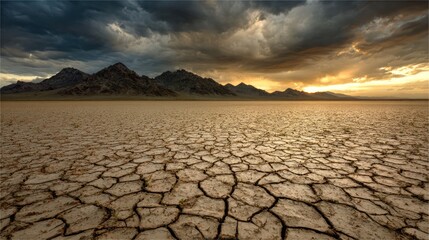 Cracked desert floor meets distant mountains under dramatic stormy sunset sky