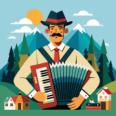 Traditional swiss accordion player performing at a vibrant festival celebration