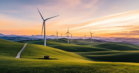 Wind turbines stand tall over rolling hills at sunrise. Lush green fields meet pastel colored skies