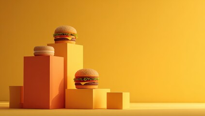 Three cheeseburgers and a donut sit atop orange geometric platforms against a sunny yellow backdrop