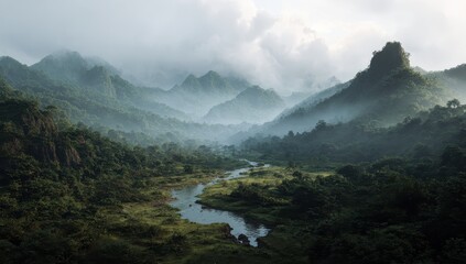 Serene mist-shrouded valley, lush green mountains, winding river, tranquil atmosphere