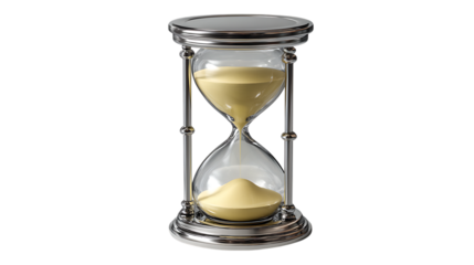 Elegant hourglass with flowing golden sand against a stark black background symbolizing the passage of time