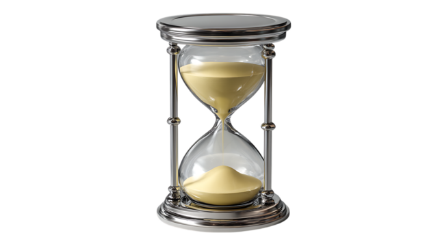 Elegant hourglass with flowing golden sand against a stark black background symbolizing the passage of time