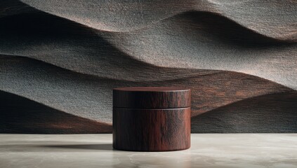 Dark-brown cylindrical wooden jar on a light marble surface against a wavy, dark-grey textured background