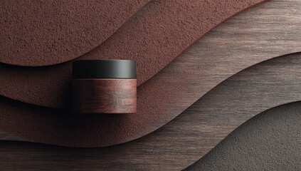 Dark wood-grain jar with black lid rests on undulating brown and dark brown wood surface