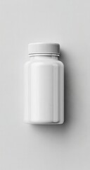 A plain white plastic pill bottle with a screw-on lid sits on a light gray background, viewed from directly above