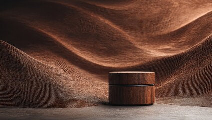 A cylindrical wooden container sits on a textured surface before a backdrop of undulating brown fabric