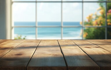 Empty room with wooden table, window, and natural light, featuring a view of the sky through the glass