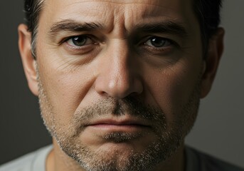 Obraz premium Dramatic close-up portrait of a serious middle-aged man looking directly at the camera with a worried and intense expression, conveying stress and deep contemplation.
