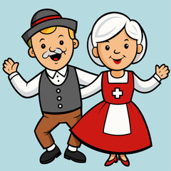 Elderly swiss couple dancing in traditional folk attire