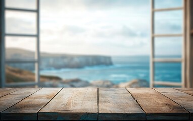 Empty wooden table with a view of the beach and ocean from a window in a summer room interior