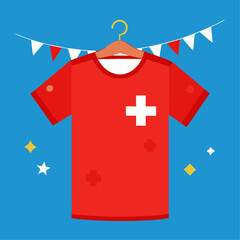 Obraz premium Red t shirt displayed on a natural wooden hanger with swiss flag elements