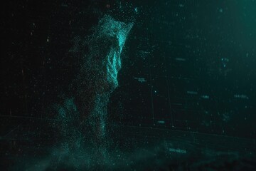 Abstract digital portrait of a face, composed of turquoise particles, against a dark background with digital overlays