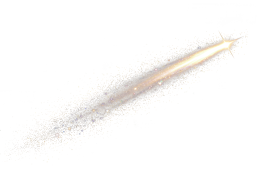 A bright golden comet with a sparkling tail streaking across a transparent background, isolated on transparent background