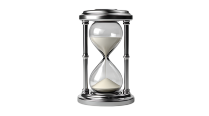 Classic silver hourglass with sand flowing through the glass bulbs against a stark black background