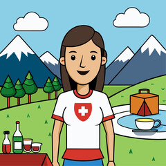Woman in swiss themed t shirt standing outdoors