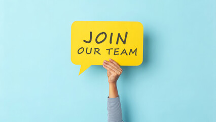 Job labor employment, unemployment. Join our team recruitment sign, hand holding yellow speech bubble, blue background . Hiring rate, economic growth, opening workforce market