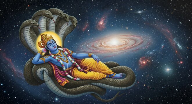 A divine illustration of the Hindu god Vishnu in a state of cosmic slumber, reclining upon the serpent Shesha amidst a backdrop of swirling galaxies and distant nebulae.