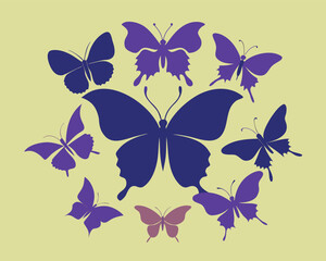 Vector art of a group of purple butterflies with different wing shapes are isolated on a background