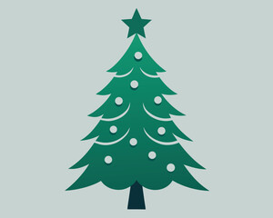 Vector art of a green christmas tree with white ornaments and a star on top is isolated on a gray background