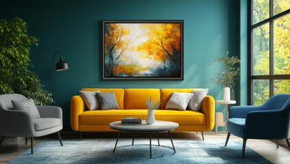 Modern living room featuring a framed artwork of autumnal forest scene