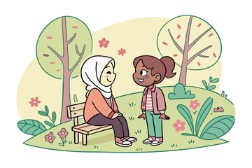 Dialogue in the Park: Two friends engaged in a warm conversation in a park. capturing the essence of their bond and the serenity of their shared space.