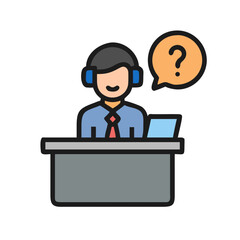 Customer support agent icon with question flat design
