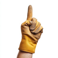 A hand wearing a dirty mustard-yellow work glove points upward