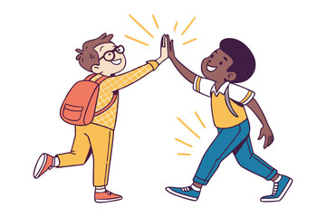 Friendship High-Five: Capturing a heartwarming moment between two young friends, a joyful high-five symbolizes camaraderie, celebrating connection, and the joy of youth.